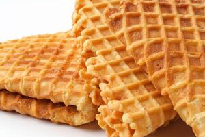 Crispy waffle texture displayed on a white background with multiple layers of golden-brown treats stacked together photo
