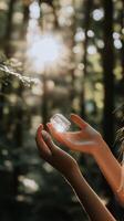 Hands holding a crystal object in sunlight filtering through trees in a forest photo