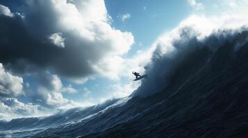 Surfer riding a massive wave under a dramatic sky at sunset near the ocean shore photo