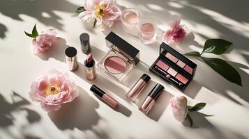 Various cosmetics arranged with blooming peonies on a serene surface during soft daylight photo