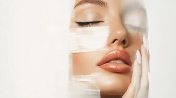 Model showcasing beauty trends with soft light highlighting makeup details in a minimalistic setup during a studio shoot photo