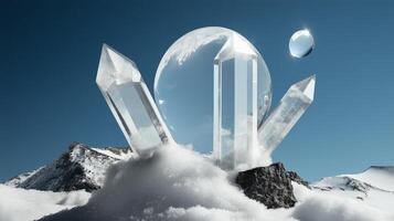 Abstract composition of crystal formations surrounded by clouds and celestial bodies in a surreal landscape photo