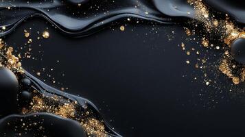 Elegant black background with golden glitter elements creating a sophisticated and artistic display of texture and shine photo