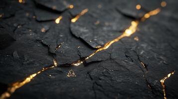 Abstract black texture with golden cracks highlighting the intricate patterns of natural formations in a dark environment photo