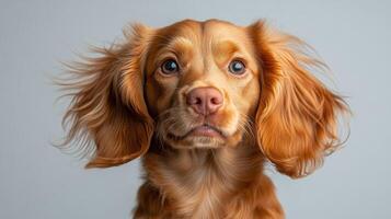 A fluffy dog with long ears appears curious while standing in front of a simple light backdrop photo