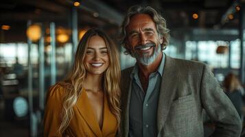 A joyful couple stands side by side at a modern restaurant, enjoying the evening atmosphere photo