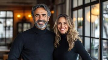 A couple stands closely together, smiling warmly in a stylish cafe filled with natural light photo
