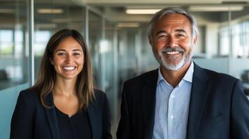 Two confident professionals smile together in a bright, modern office photo