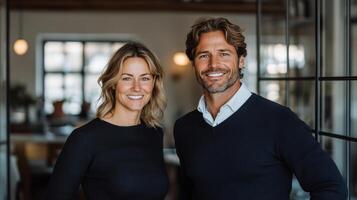 Couple stands close, smiling brightly in an inviting indoor space filled with natural light photo