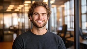 Young man with curly hair smiles warmly while standing in a bright office space filled with windows photo