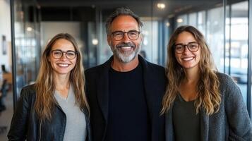 Three smiling individuals with glasses pose together in a well lit office environment photo