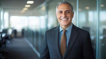 Business professional stands in an office corridor, showcasing a welcoming smile and casual attire photo
