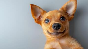 A playful orange puppy with large ears looks curiously at the camera with a joyful expression photo