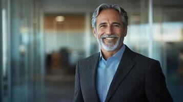 Man with gray hair and beard wearing a suit smiles in a contemporary office space filled with natural light photo