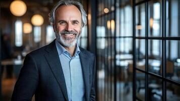 Confident man with beard smiles in bright corporate space featuring open design and large windows photo