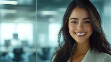 A young woman stands in an office, smiling confidently at the camera with a bright atmosphere photo
