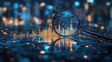 A magnifying glass reveals digital graphs with data analysis at night in a glowing city setting photo