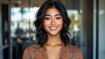 Bright smile of a woman with wavy hair captured in an indoor modern environment with soft lighting photo