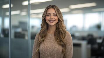A young woman stands confidently and smiling in a modern office environment with large windows photo
