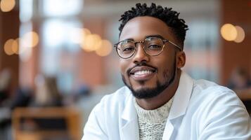 Young man in lab coat smiles warmly at camera in a modern indoor environment with people in background photo