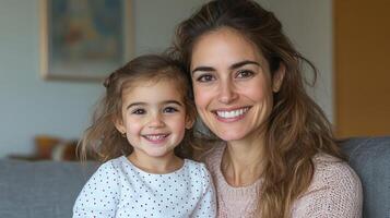 A mother embraces her young daughter while both smile happily, surrounded by a warm and inviting space photo