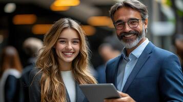 Young woman and older man smiling while looking at a tablet during a networking event outside photo