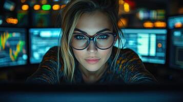 Young woman with glasses intently studying data on multiple screens in a modern tech environment photo