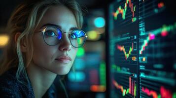 Woman focused on stock market trends while working on multiple computer screens in a dimly lit space photo