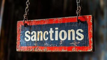 Weathered sign displaying the word sanctions in bold letters, hanging prominently in a rustic setting photo