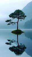 A tranquil pine tree rises on an island in still waters, enveloped by fog and distant mountains at dawn photo