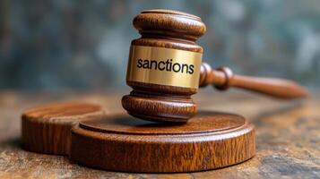 A judicial gavel rests on a wooden block, highlighting the theme of sanctions and legal authority in action photo