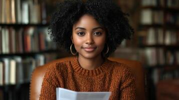A woman sits comfortably in a library, reading a paper with a soft smile on her face and surrounded by books photo