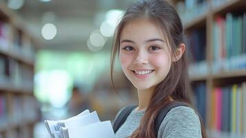 Young student smiles brightly while holding study materials in a library setting photo