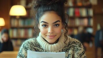 A young woman sits at a wooden table in a library, smiling while reviewing papers photo
