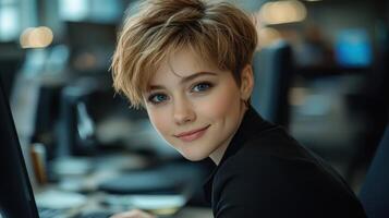 Smiling woman with short hair focuses on work while surrounded by tech and an office environment photo