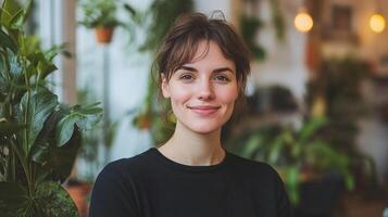 Woman with brown hair smiles warmly while surrounded by lush plants in a bright, inviting space photo