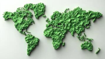 Creative depiction of a world map using textured green paper to represent land and water areas photo