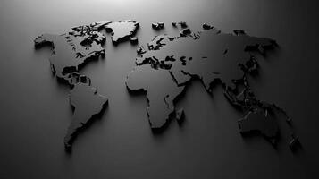 Black world map displaying geographic outlines with shadows against a dark background photo