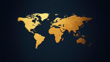 A stunning representation of the world map rendered in gold against a dark backdrop, emphasizing its outlines photo