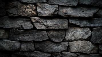 Close up of a dark stone wall showcasing various shapes and textures in a shadowy setting photo