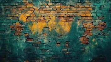 Weathered brick wall exhibits a mix of green and orange colors, showcasing its rustic texture and age photo