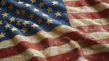 Old American flag with faded colors resting on a textured surface showcasing its weathered charm photo
