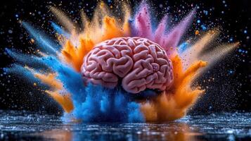 A vibrant burst of colors surrounds a realistic brain, symbolizing creativity and inspiration in action photo