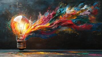 Bright colors burst from a light bulb, symbolizing creativity and imagination in a vivid display photo