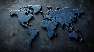 A world map is carved on a dark surface, highlighting countries and continents in a minimalist style photo
