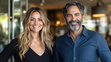 Two people stand together smiling warmly in a contemporary cafe setting, enjoying their time together photo