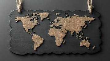 Burlap world map artwork hangs against a dark surface, ideal for adding character to any room photo