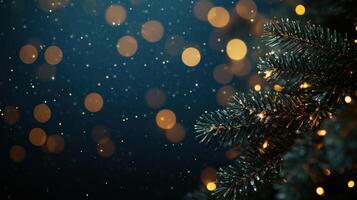 Snowflakes swirl around an evergreen tree lit with glowing lights, creating a cozy winter scene photo
