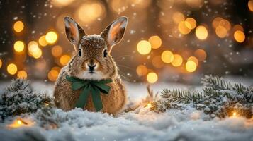 A rabbit sits quietly in the snow, adorned with a green bow, as snowflakes fall and lights sparkle nearby photo