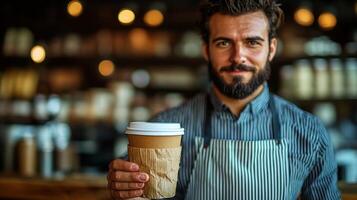 A bearded barista smiles while holding a coffee cup in a warmly lit cafe ambiance photo
